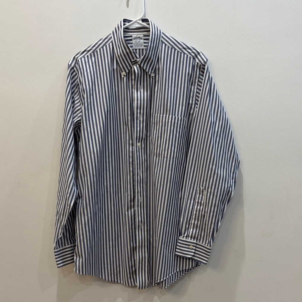Brooks Brothers Navy and White Vertical Stripe Button-Down Shirt